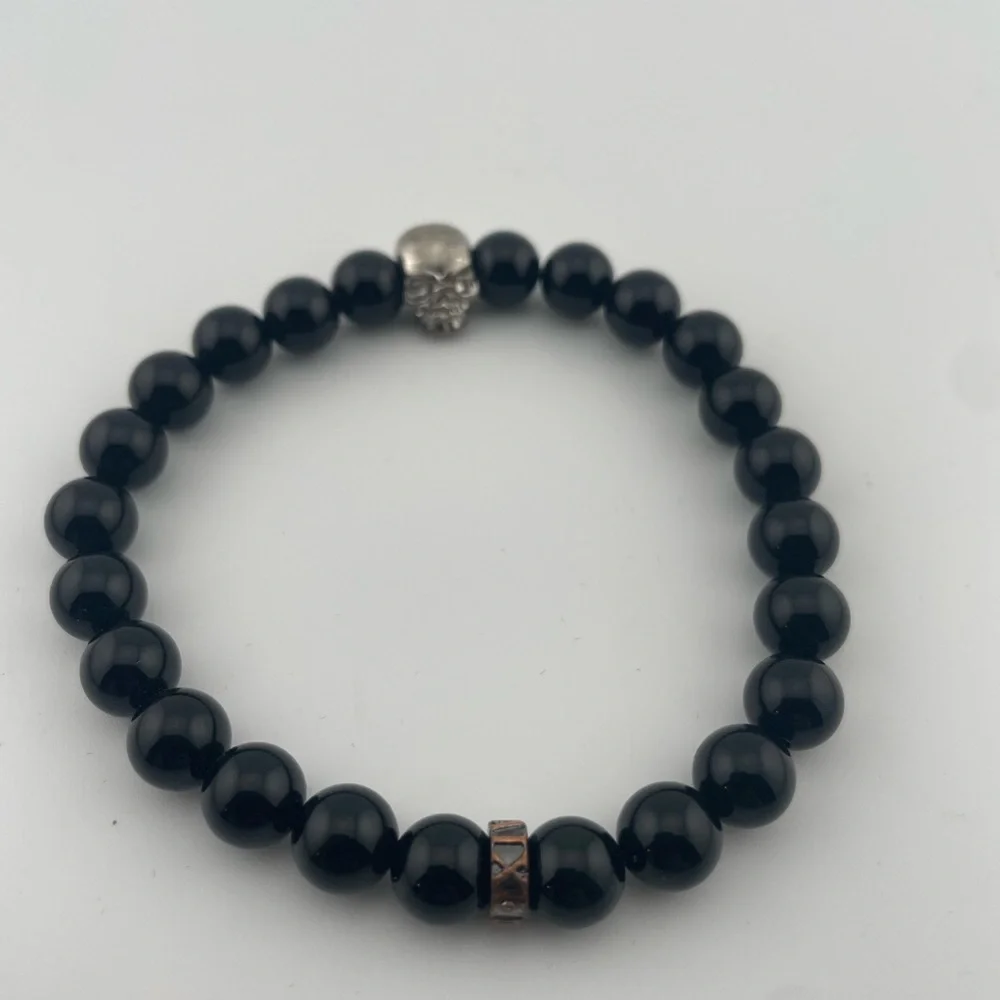 PerePaix Black Bead Skull Bracelet Stretch Gothic Rocker Mens OS - Picture 2 of 8